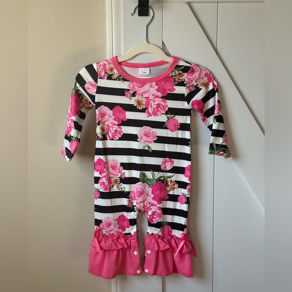 Pretty Pink Floral/Black & White Striped Romper - Size 3-6 months